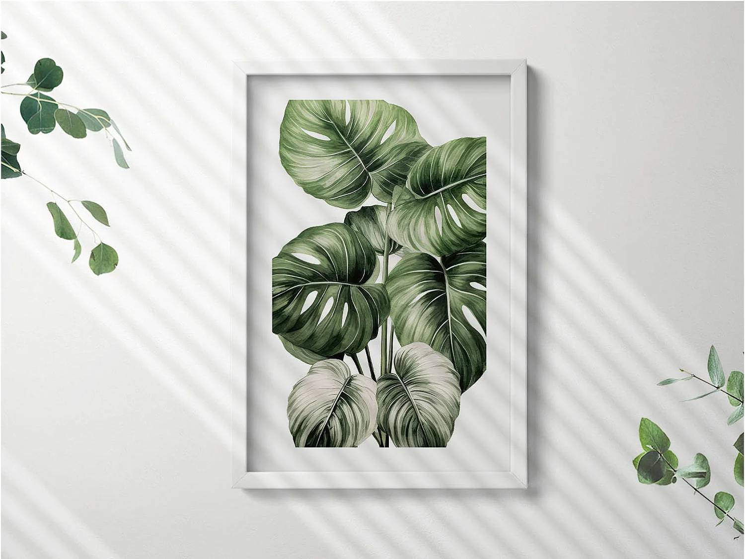 Dekoratives Gemälde mit weißem Rahmen, bemalte Monstera-Blätter 40 x 60 cm – perfekt für das Wohn- oder Schlafzimmer