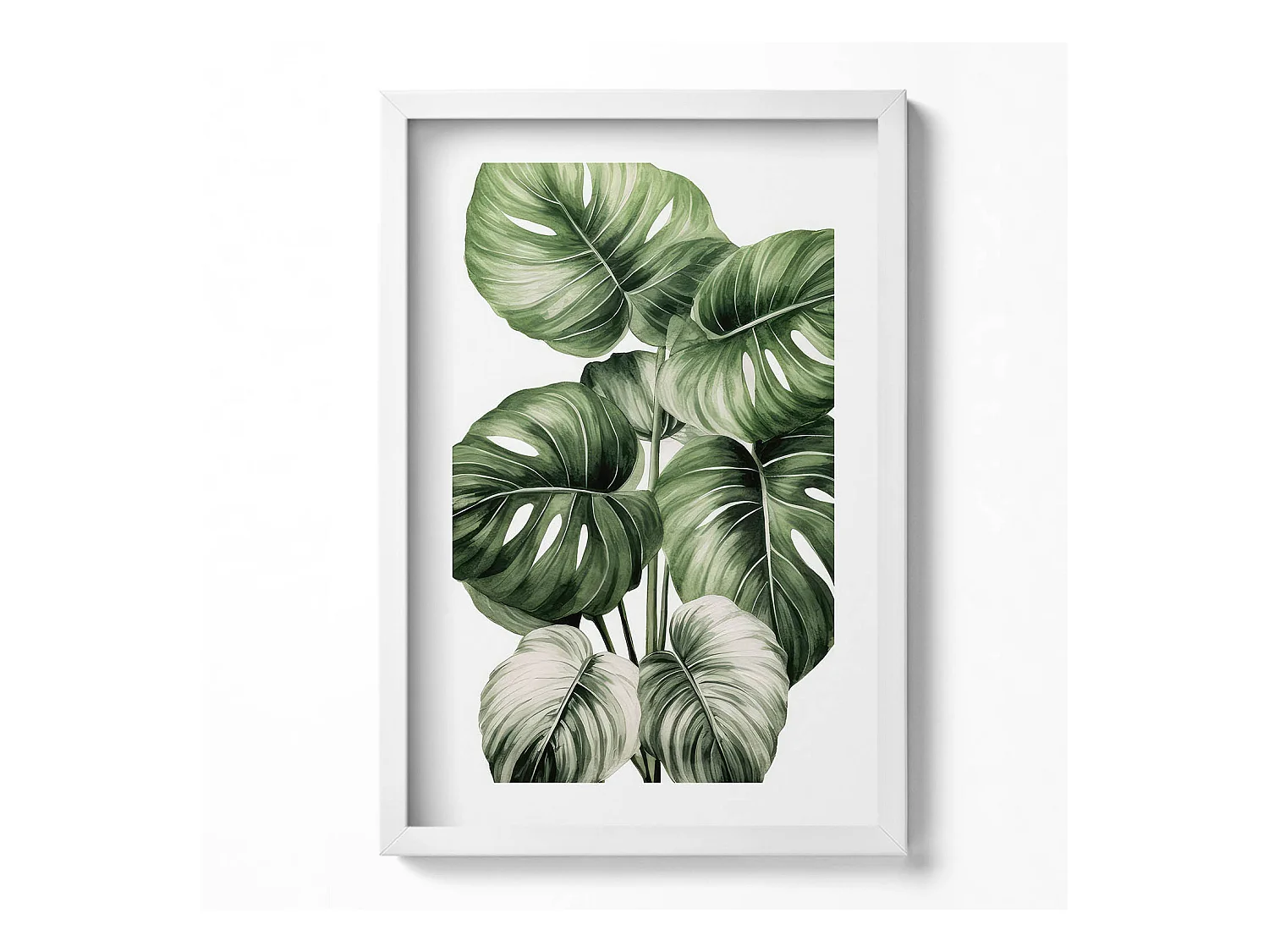 Tableau décoratif avec cadre blanc, Feuilles de monstera peintes 40 x 60 cm– Parfait pour le salon ou la chambre