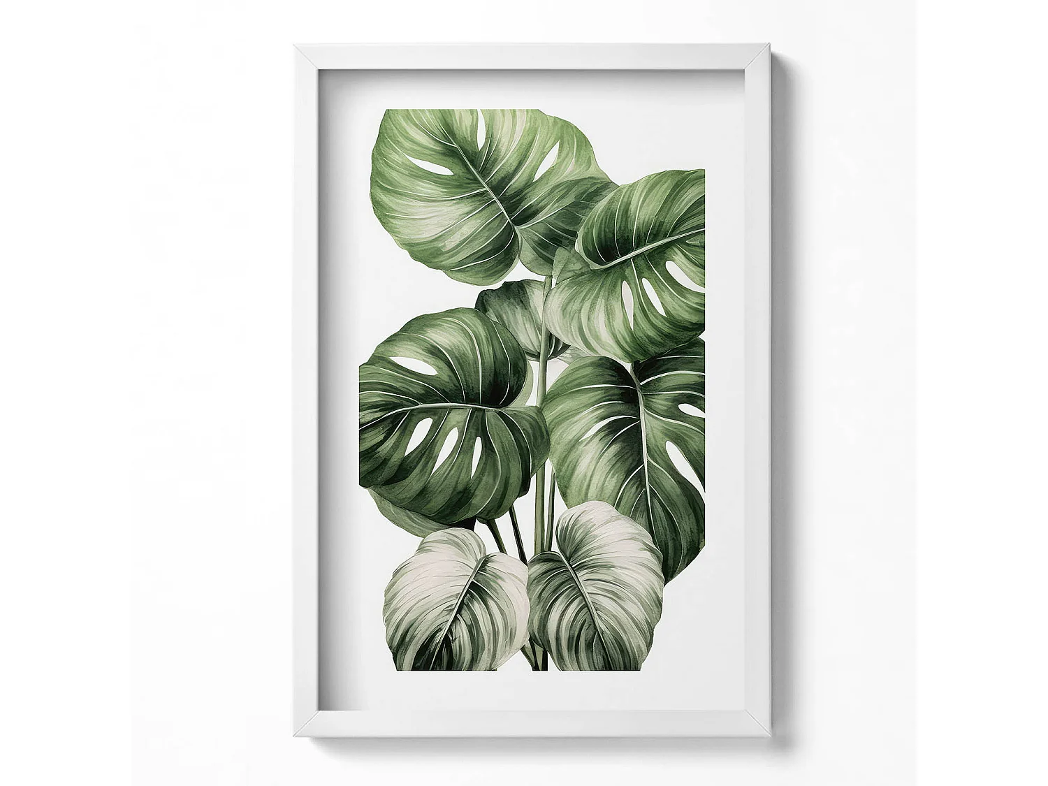 Tableau décoratif avec cadre blanc, Feuilles de monstera peintes 40 x 60 cm– Parfait pour le salon ou la chambre
