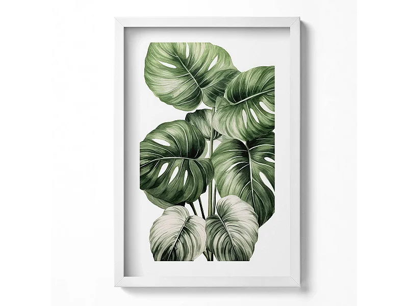 Dekoratives Gemälde mit weißem Rahmen, bemalte Monstera-Blätter 40 x 60 cm – perfekt für das Wohn- oder Schlafzimmer