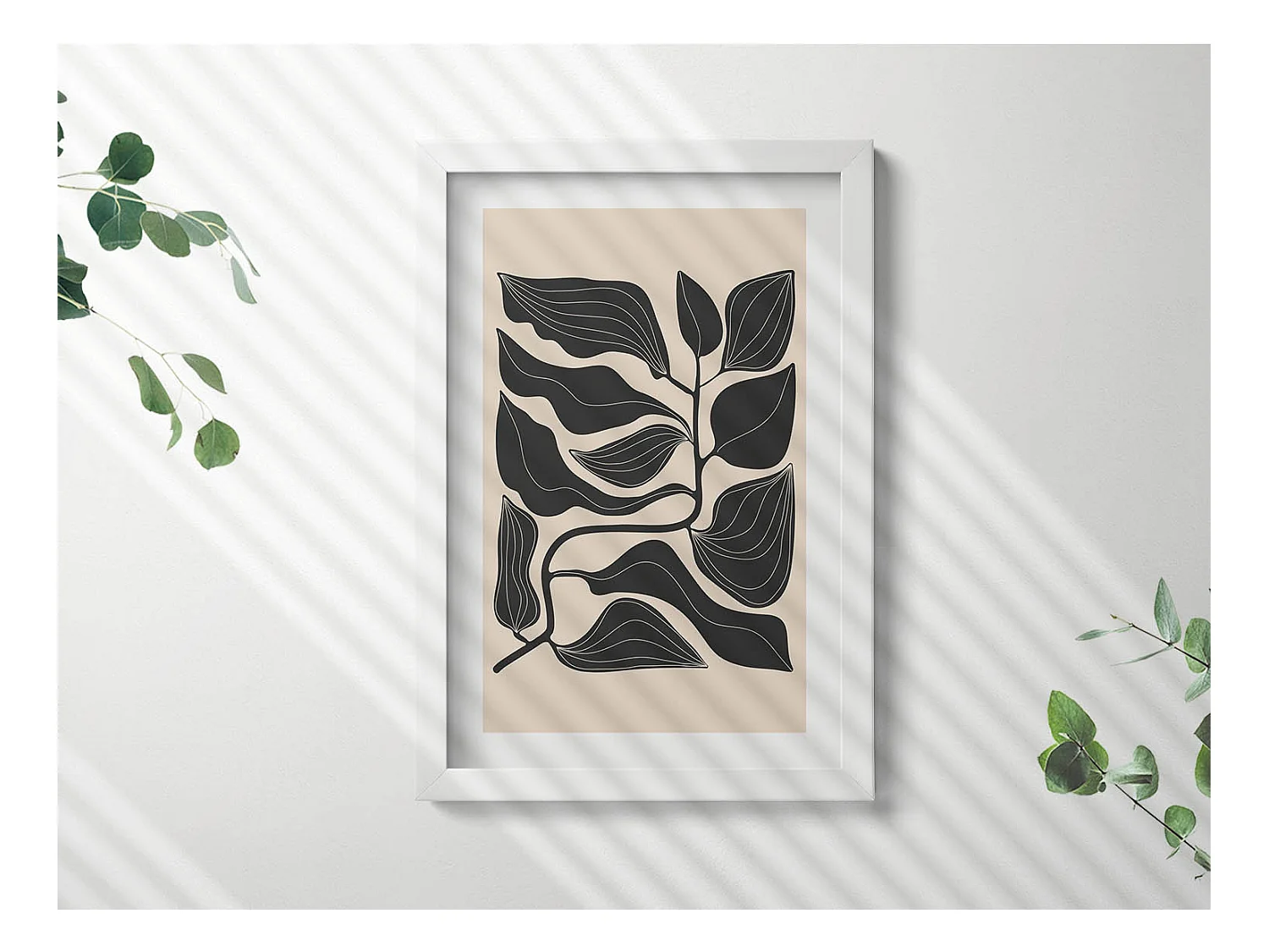 Tableau décoratif avec cadre blanc, Plantes minimalistes 20 x 30 cm – Parfait pour le salon ou la chambre