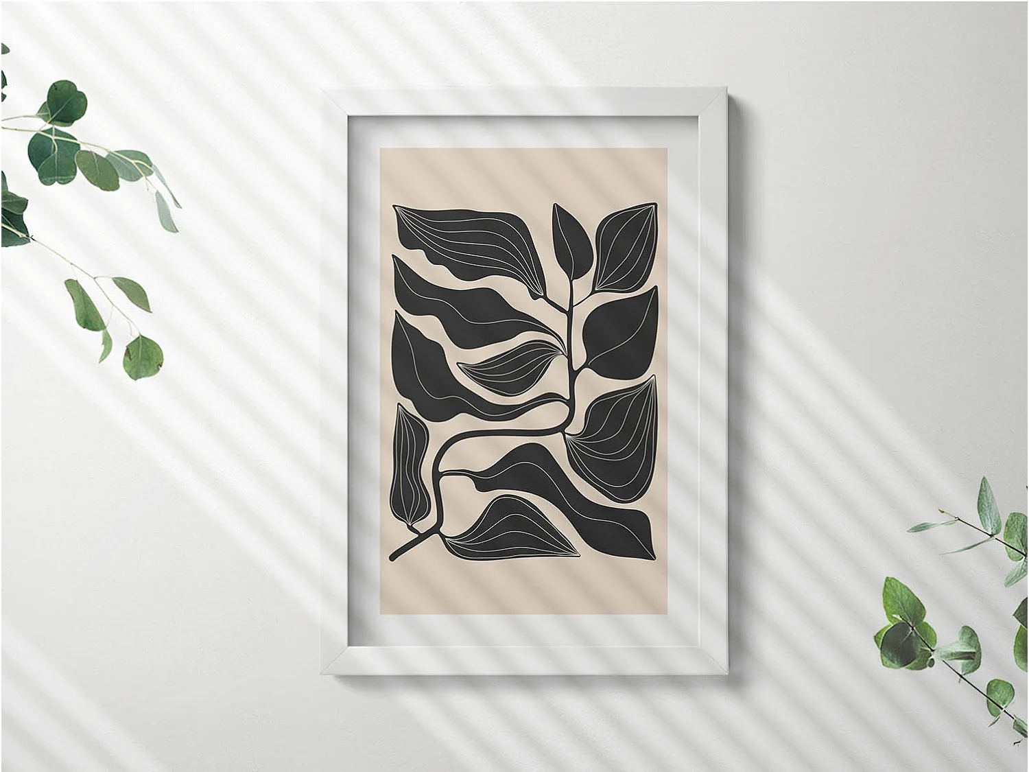 Tableau décoratif avec cadre blanc, Plantes minimalistes 20 x 30 cm – Parfait pour le salon ou la chambre