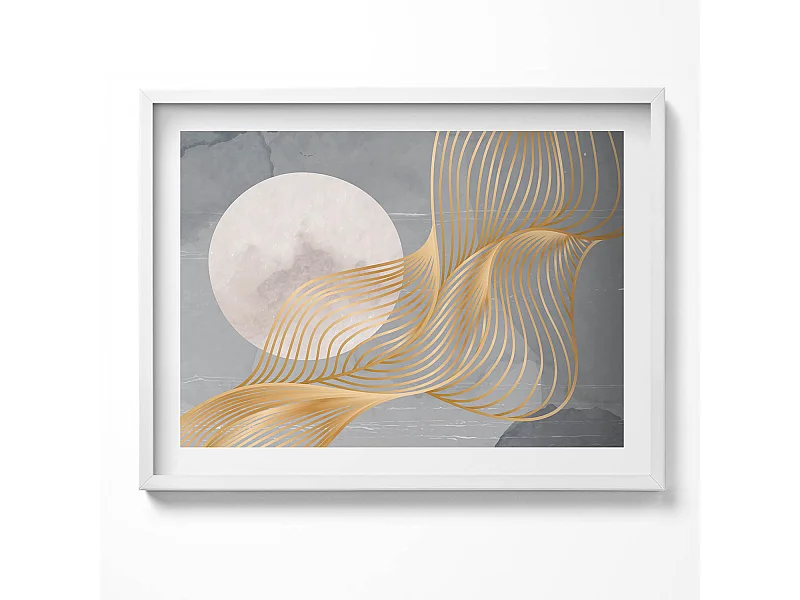Decoratief schilderij met witte lijst, abstracte illustratie van de maan met goud 80 x 60 cm – Perfect voor de woon- of slaapkamer