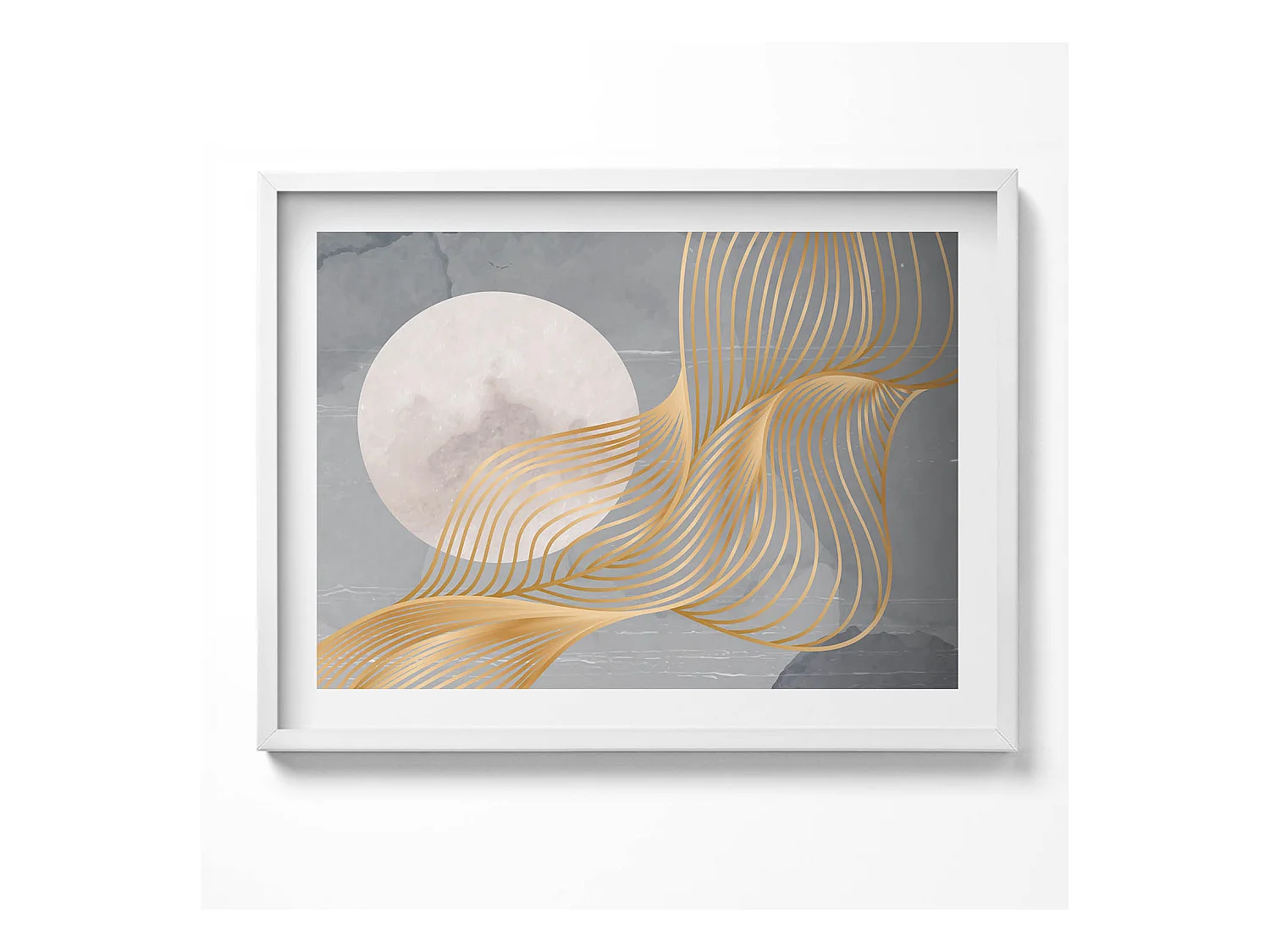 Tableau décoratif avec cadre blanc, Illustration abstraite de la lune avec de l'or 80 x 60 cm– Parfait pour le salon ou la chambre