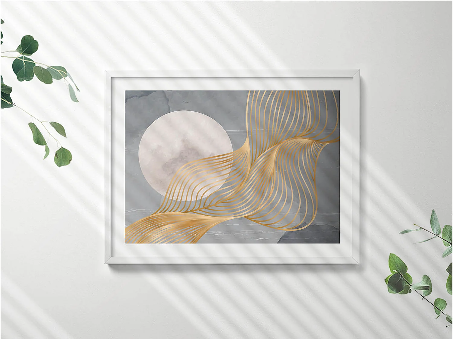 Dekoratives Gemälde mit weißem Rahmen, abstrakte Illustration des Mondes mit Gold 80 x 60 cm – perfekt für das Wohn- oder Schlafzimmer