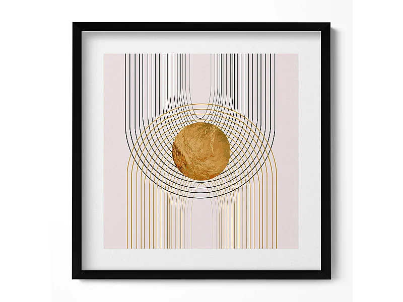 Tableau décoratif avec cadre noir, Formes bohèmes abstraites avec de l'or 50 x 50 cm – Parfait pour le salon ou la chambre