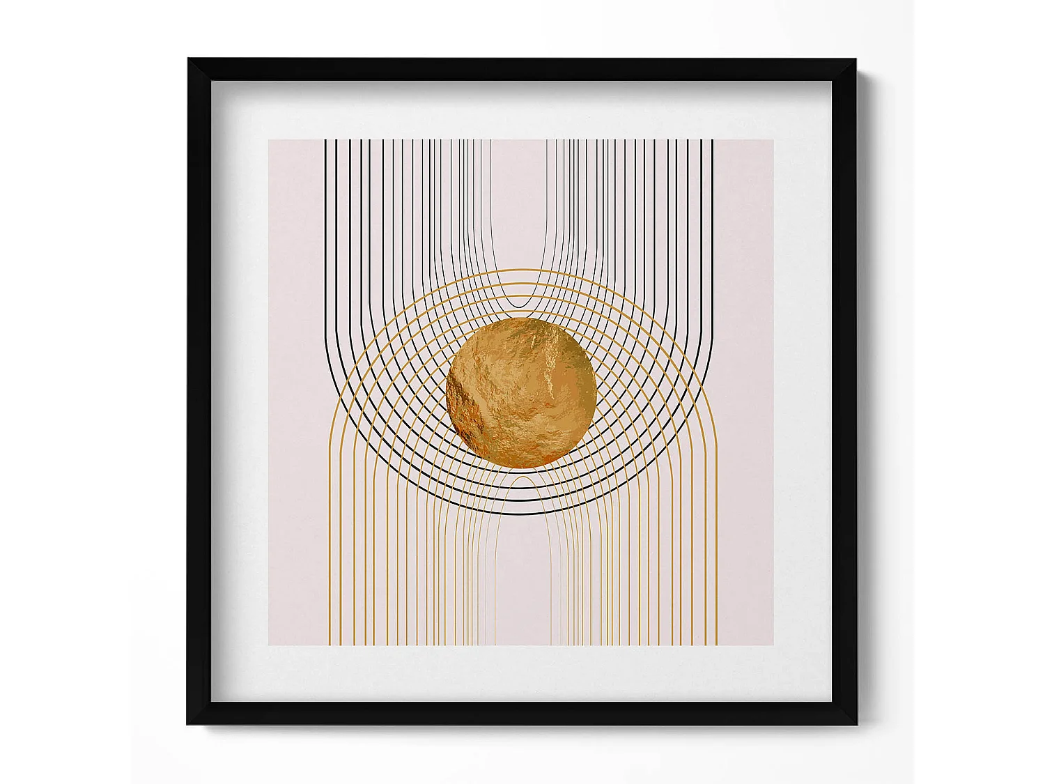 Tableau décoratif avec cadre noir, Formes bohèmes abstraites avec de l'or 50 x 50 cm – Parfait pour le salon ou la chambre