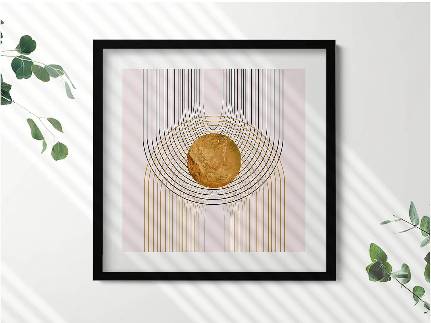 Tableau décoratif avec cadre noir, Formes bohèmes abstraites avec de l'or 50 x 50 cm – Parfait pour le salon ou la chambre