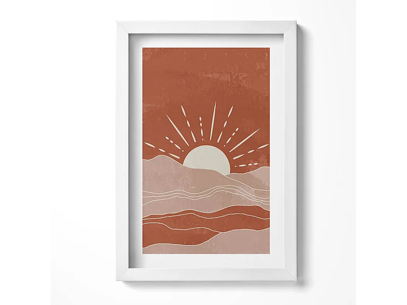 Decoratief schilderij met witte lijst, Illustratie van de opkomende zon 20 x 30 cm – Perfect voor de woon- of slaapkamer