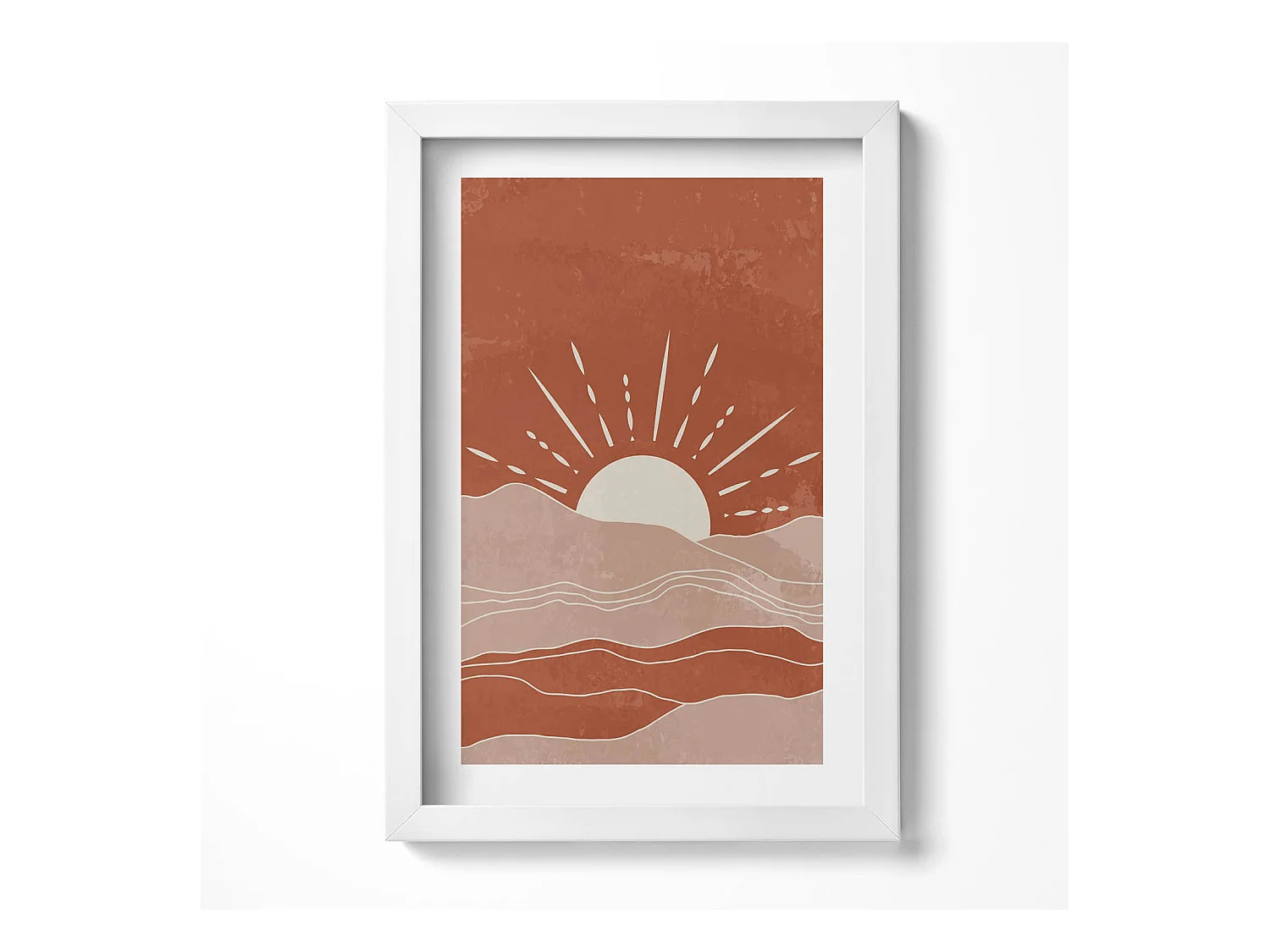 Tableau décoratif avec cadre blanc, Illustration du soleil levant 20 x 30 cm – Parfait pour le salon ou la chambre