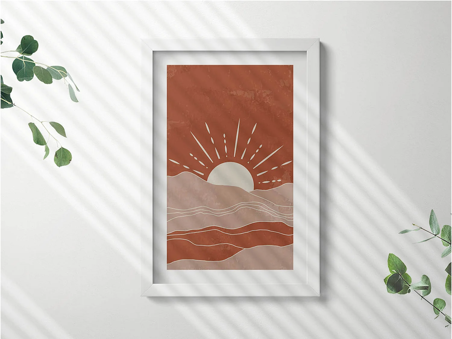 Tableau décoratif avec cadre blanc, Illustration du soleil levant 20 x 30 cm – Parfait pour le salon ou la chambre