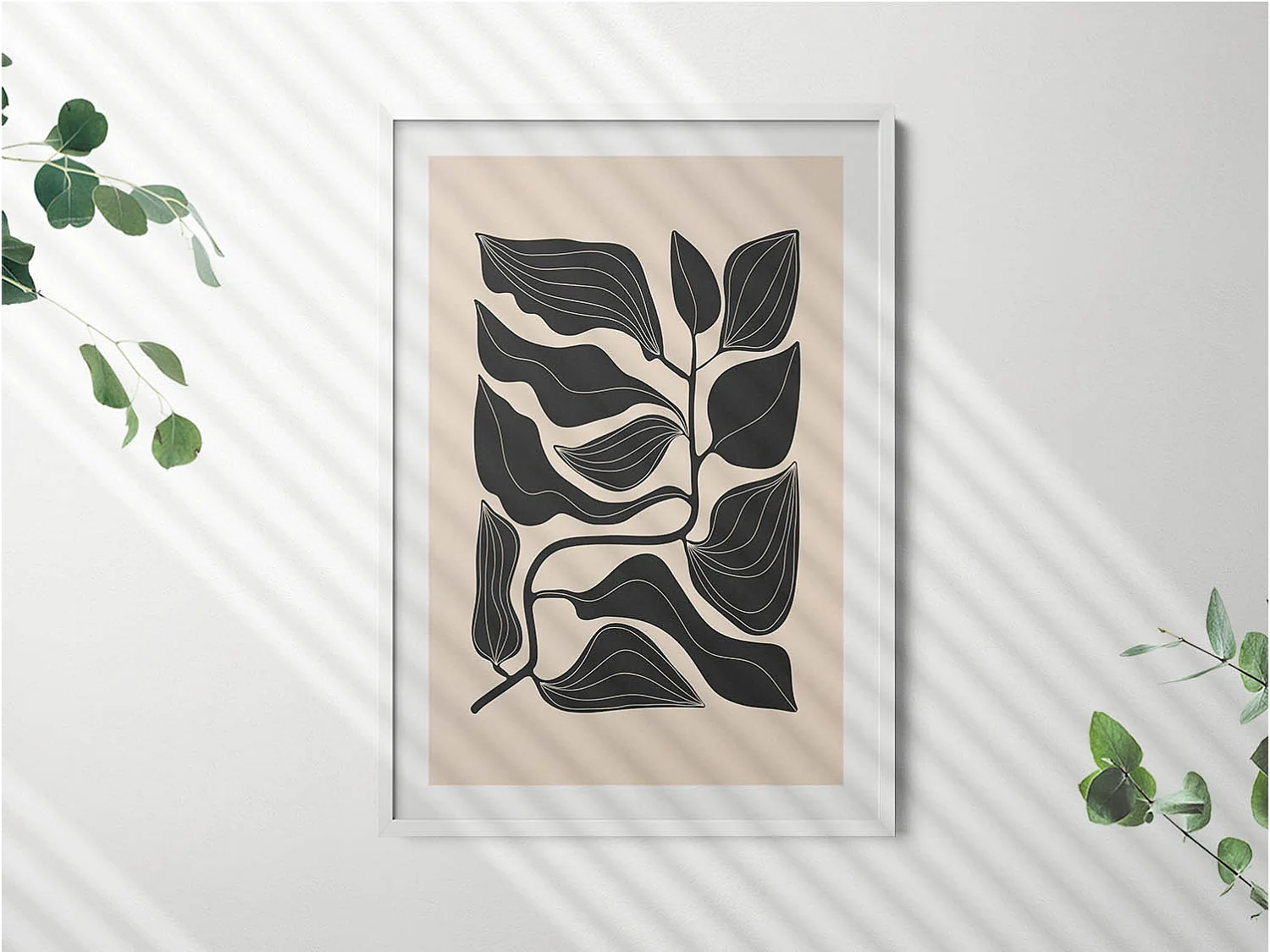 Tableau décoratif avec cadre blanc, Plantes minimalistes 70 x 100 cm– Parfait pour le salon ou la chambre
