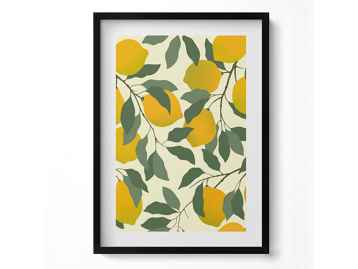 Dekoratives Gemälde mit schwarzem Rahmen, Illustration von Zitronen 50 x 70 cm – Perfekt für das Wohn- oder Schlafzimmer