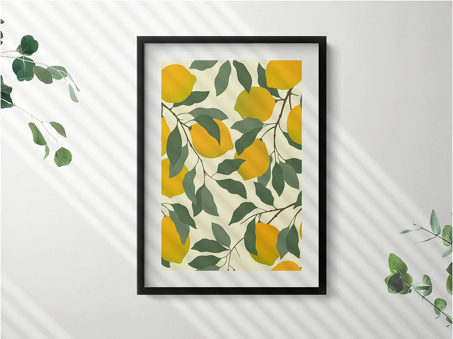 Quadro decorativo con cornice nera, Illustrazione di limoni 50 x 70 cm – Perfetto per il soggiorno o la camera da letto