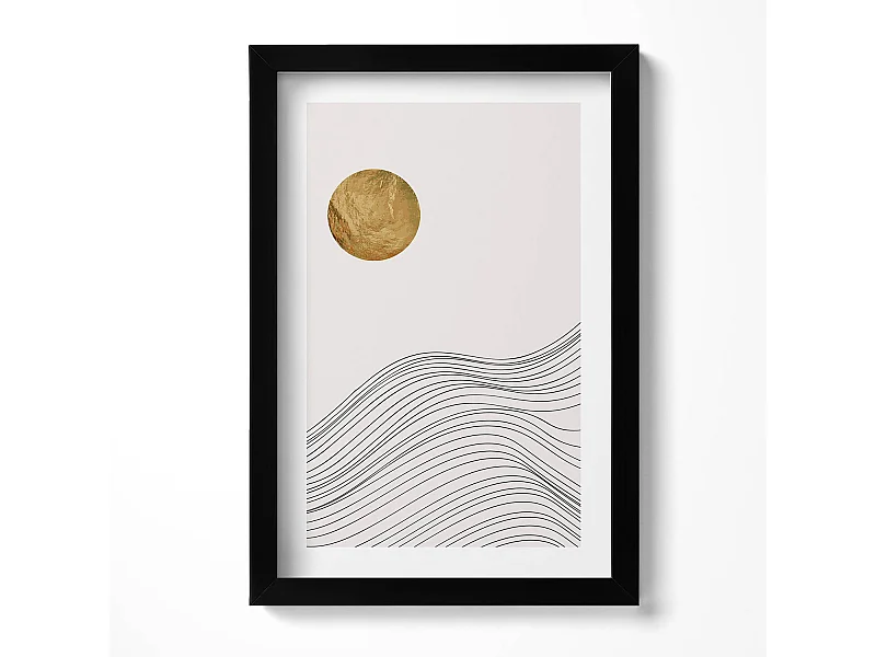 Tableau décoratif avec cadre noir, Abstraction minimaliste avec détails dorés 20 x 30 cm – Parfait pour le salon ou la chambre