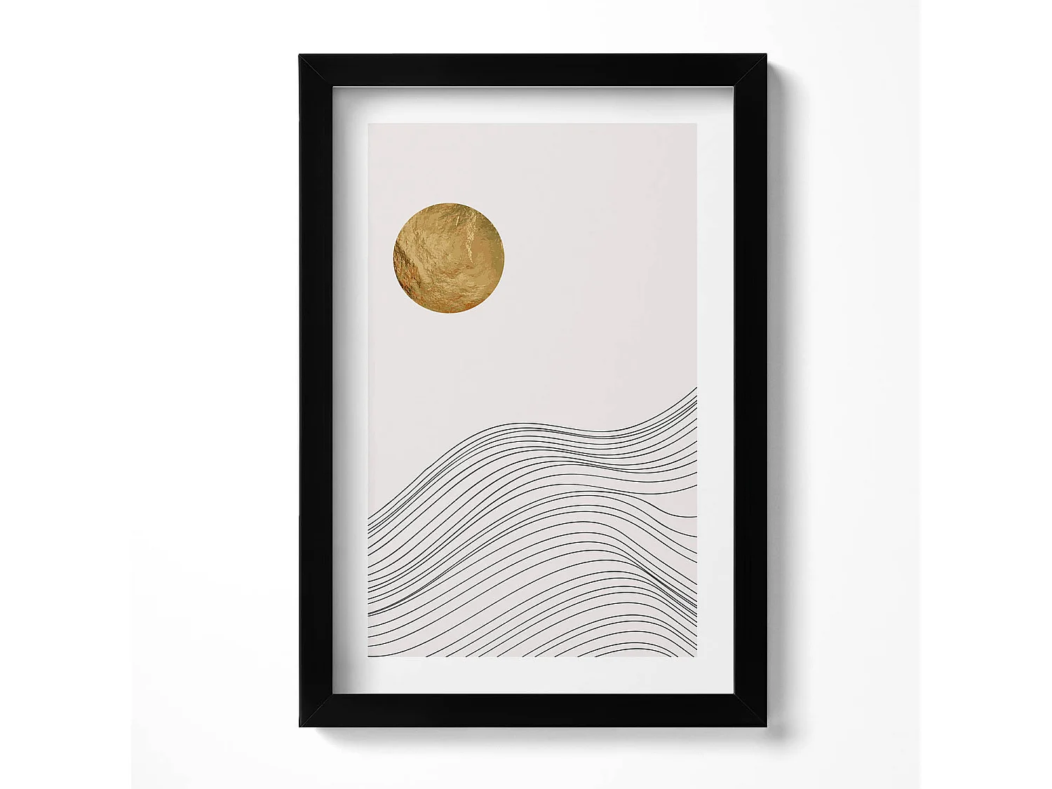 Decoratief schilderij met zwarte lijst, minimalistische abstractie met gouden details 20 x 30 cm - Perfect voor de woon- of slaapkamer