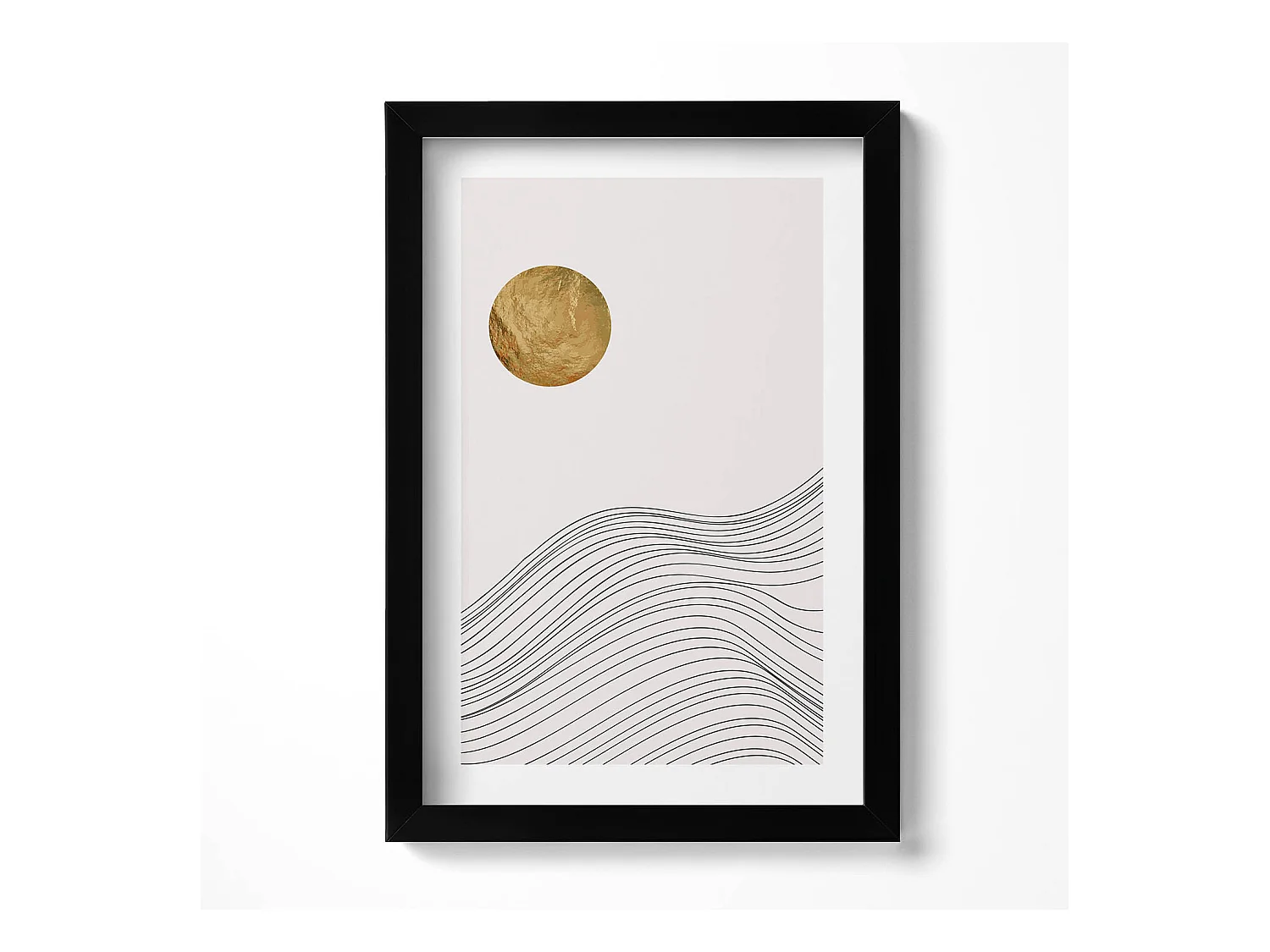 Dekoratives Gemälde mit schwarzem Rahmen, minimalistische Abstraktion mit goldenen Details, 20 x 30 cm – perfekt für das Wohn- oder Schlafzimmer