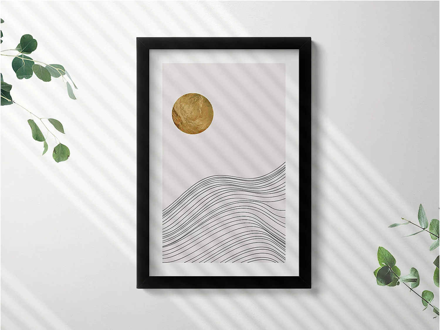 Decoratief schilderij met zwarte lijst, minimalistische abstractie met gouden details 20 x 30 cm - Perfect voor de woon- of slaapkamer