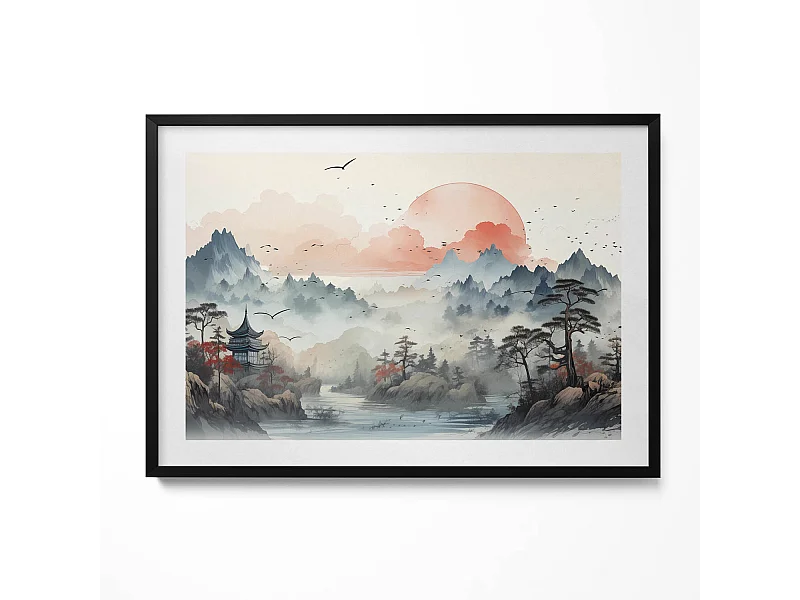 Decoratief schilderij met zwarte lijst, Bergboslandschap 100 x 70 cm – Perfect voor de woon- of slaapkamer