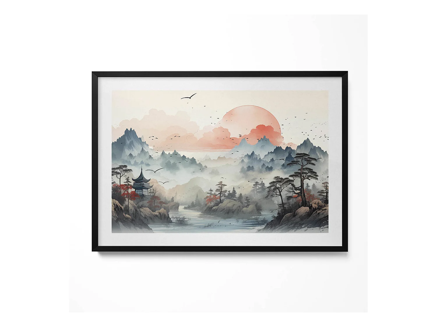 Tableau décoratif avec cadre noir, Paysage forestier de montagne 100 x 70 cm– Parfait pour le salon ou la chambre