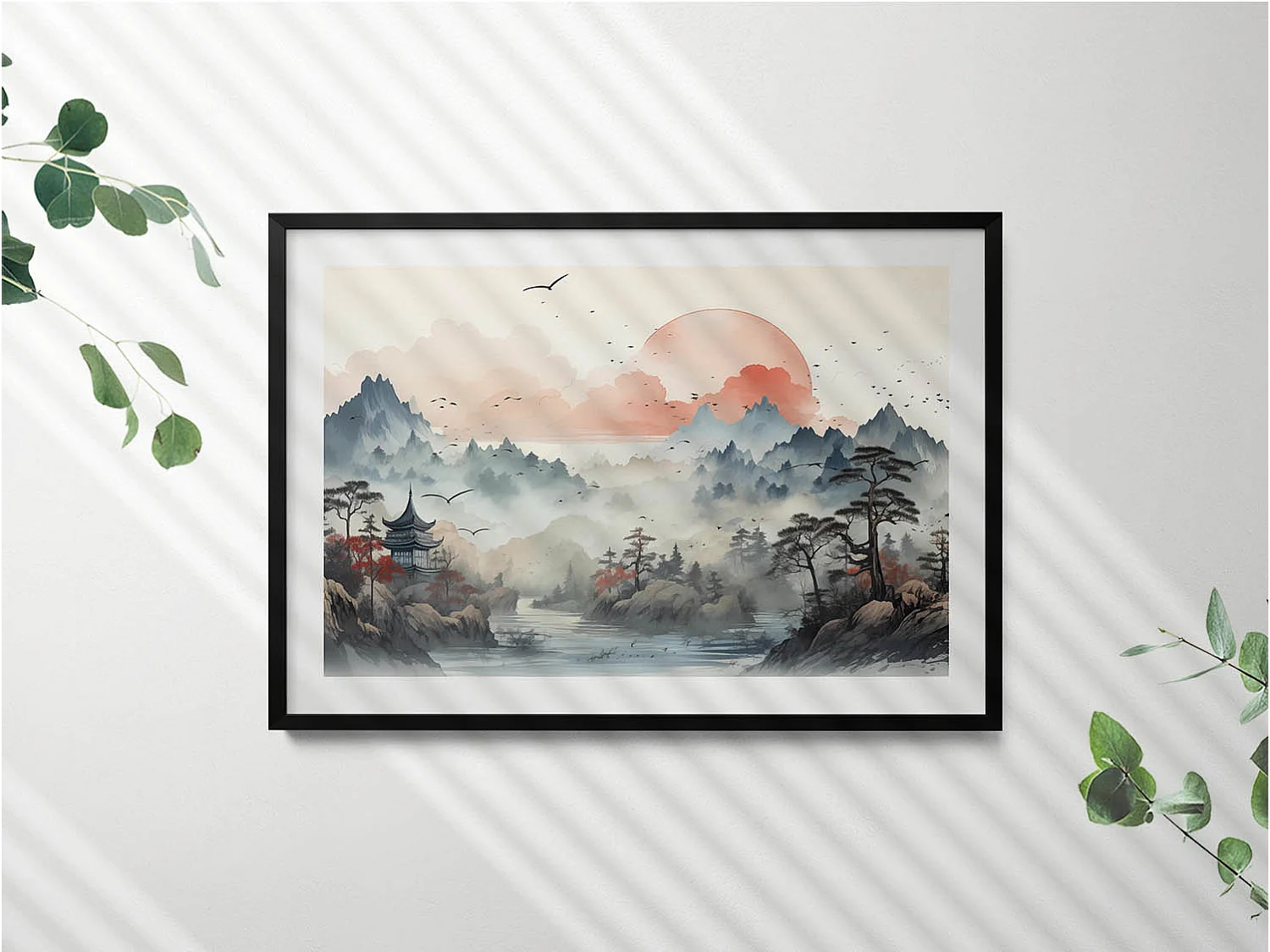 Tableau décoratif avec cadre noir, Paysage forestier de montagne 100 x 70 cm– Parfait pour le salon ou la chambre