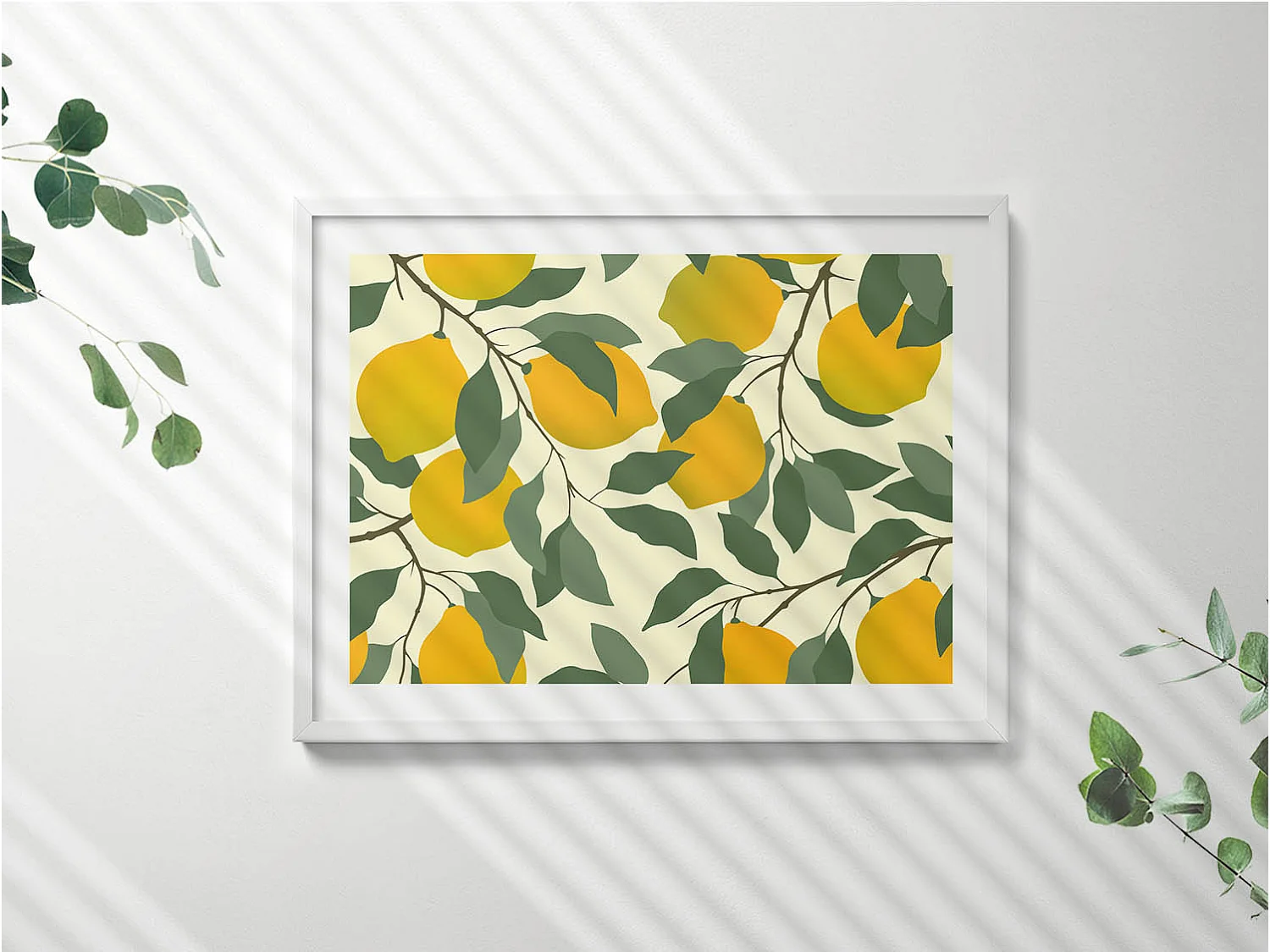 Dekoratives Gemälde mit weißem Rahmen, Illustration von Zitronen 80 x 60 cm – Perfekt für das Wohn- oder Schlafzimmer