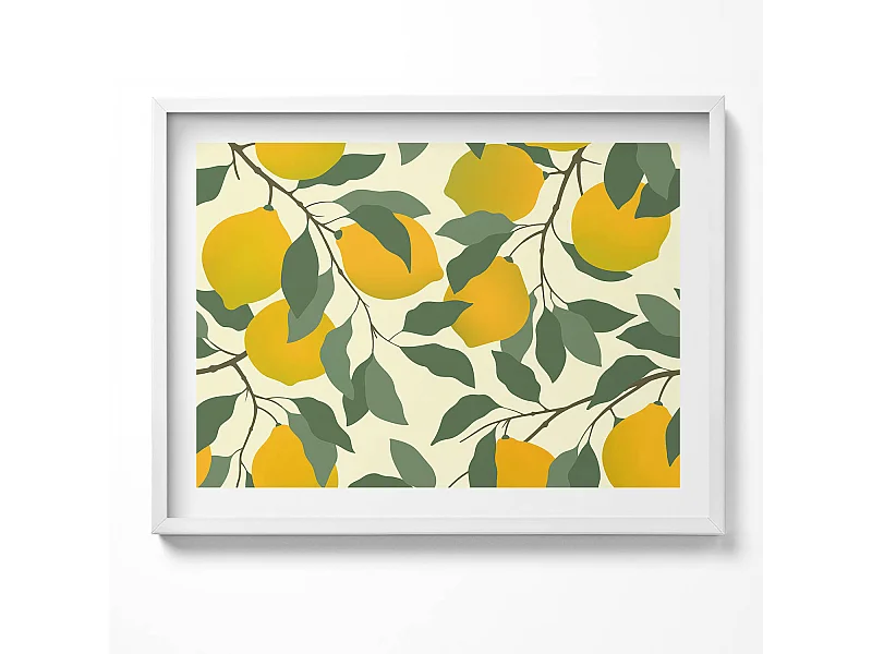 Dekoratives Gemälde mit weißem Rahmen, Illustration von Zitronen 80 x 60 cm – Perfekt für das Wohn- oder Schlafzimmer