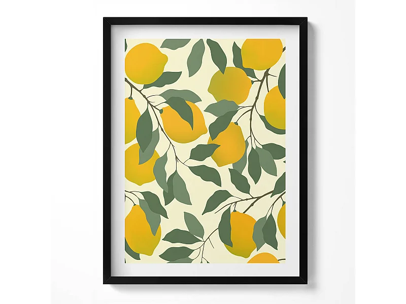 Dekoratives Gemälde mit schwarzem Rahmen, Illustration von Zitronen 60 x 80 cm – Perfekt für das Wohn- oder Schlafzimmer