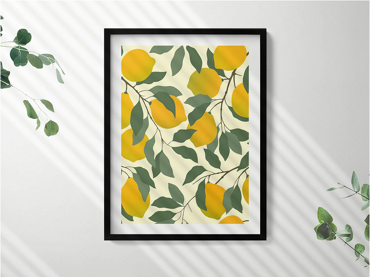 Dekoratives Gemälde mit schwarzem Rahmen, Illustration von Zitronen 60 x 80 cm – Perfekt für das Wohn- oder Schlafzimmer