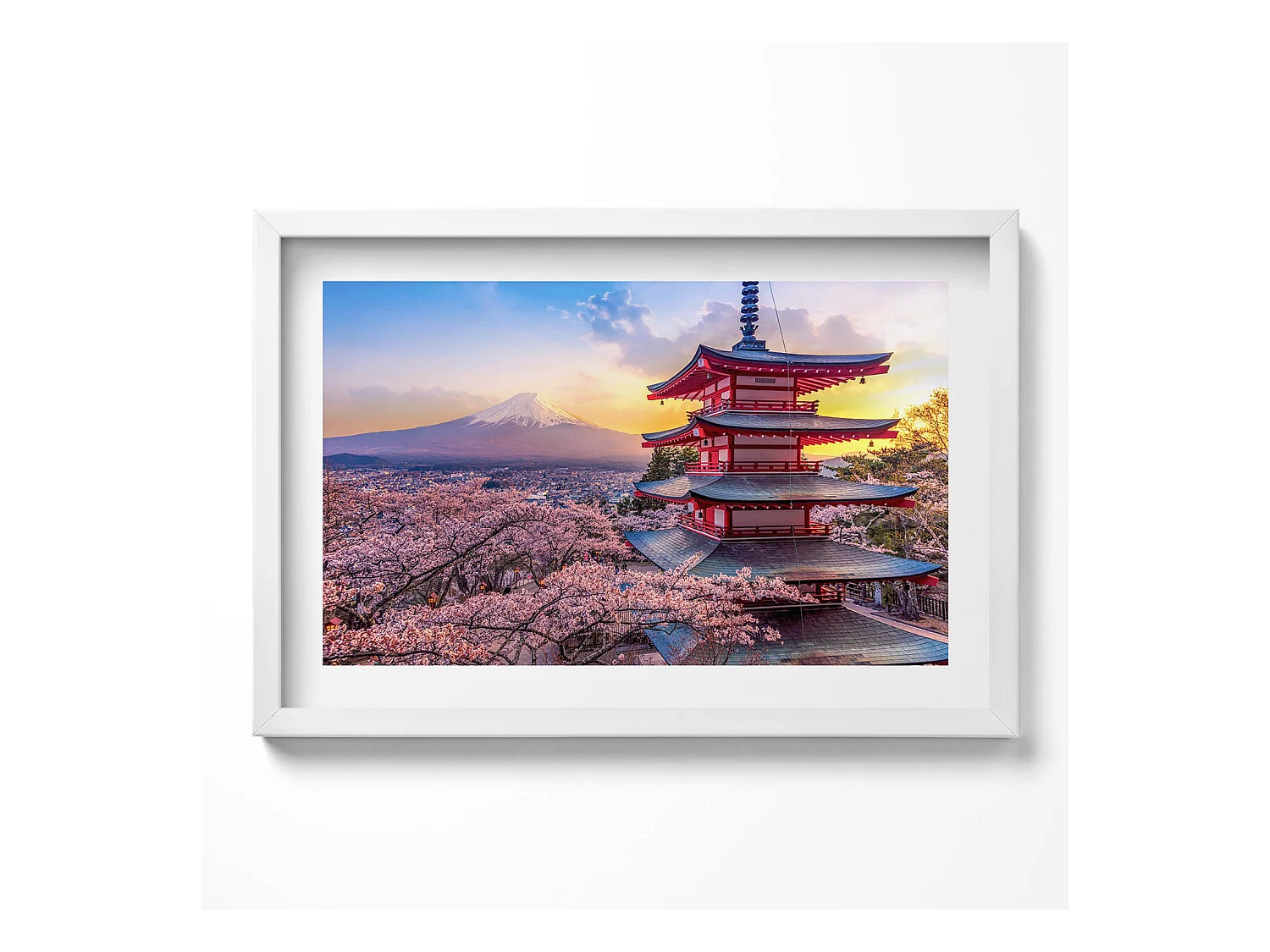 Tableau décoratif avec cadre blanc, construction japonaise 60 x 40 cm– Parfait pour le salon ou la chambre