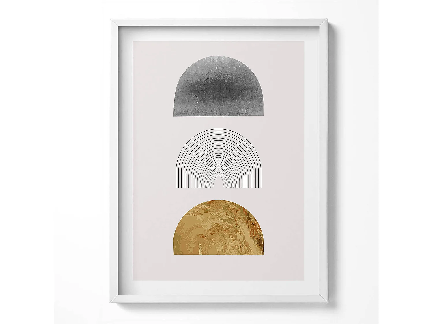 Tableau décoratif avec cadre blanc, Formes bohèmes avec de l'or 60 x 80 cm– Parfait pour le salon ou la chambre