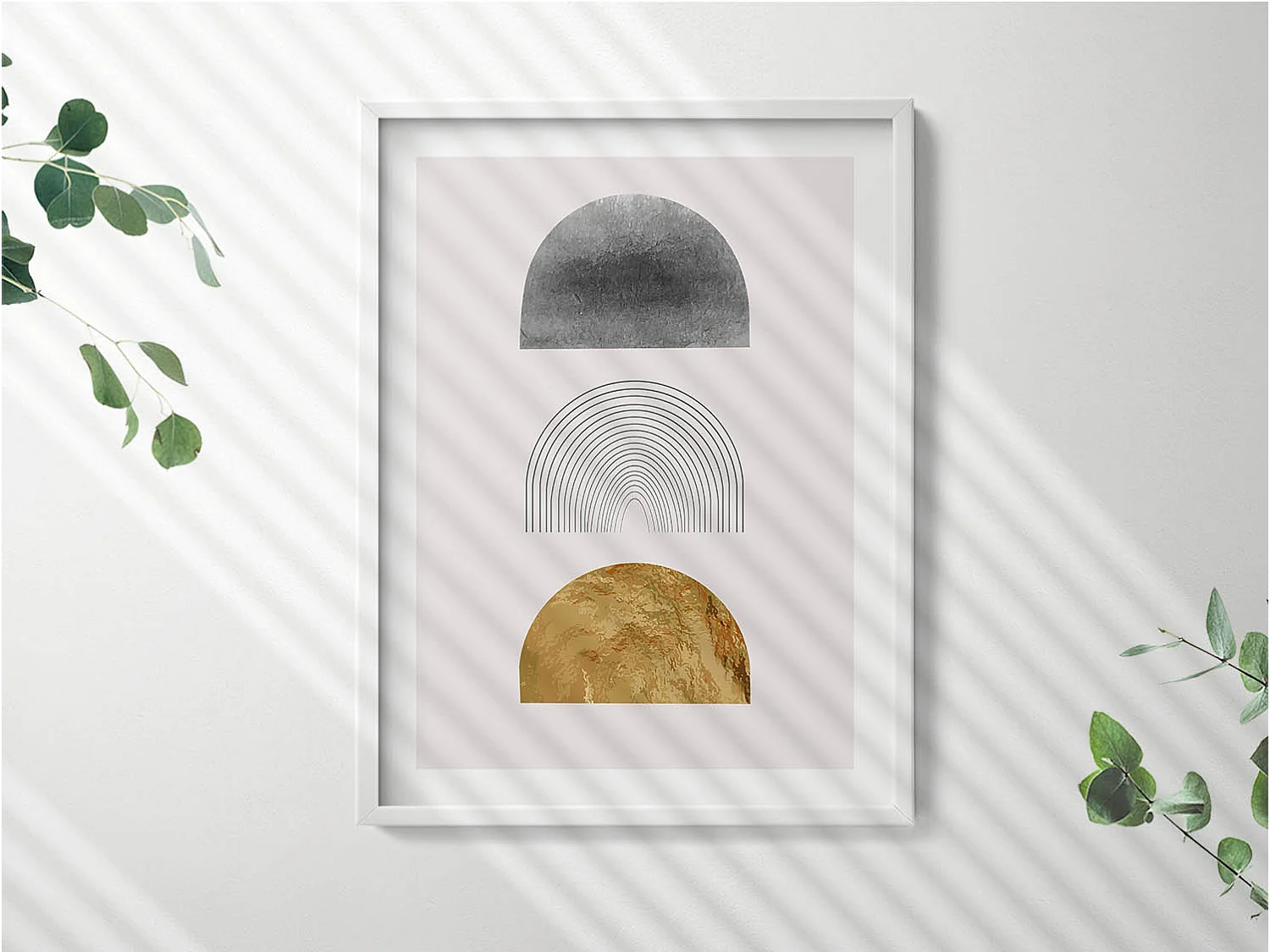 Tableau décoratif avec cadre blanc, Formes bohèmes avec de l'or 60 x 80 cm– Parfait pour le salon ou la chambre