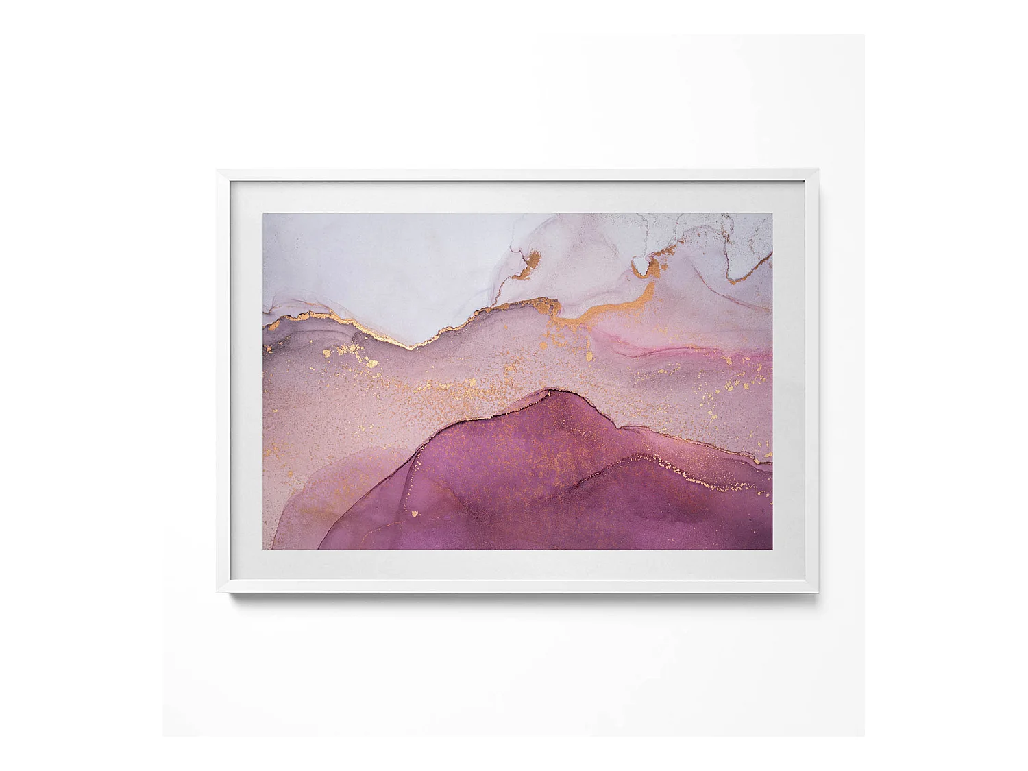 Tableau décoratif avec cadre blanc, Abstraction rose avec de l'or 100 x 70 cm– Parfait pour le salon ou la chambre