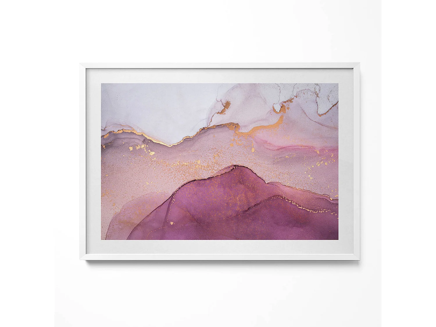 Tableau décoratif avec cadre blanc, Abstraction rose avec de l'or 100 x 70 cm– Parfait pour le salon ou la chambre