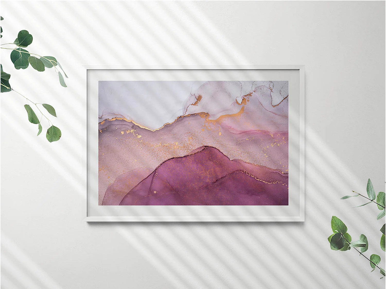 Tableau décoratif avec cadre blanc, Abstraction rose avec de l'or 100 x 70 cm– Parfait pour le salon ou la chambre