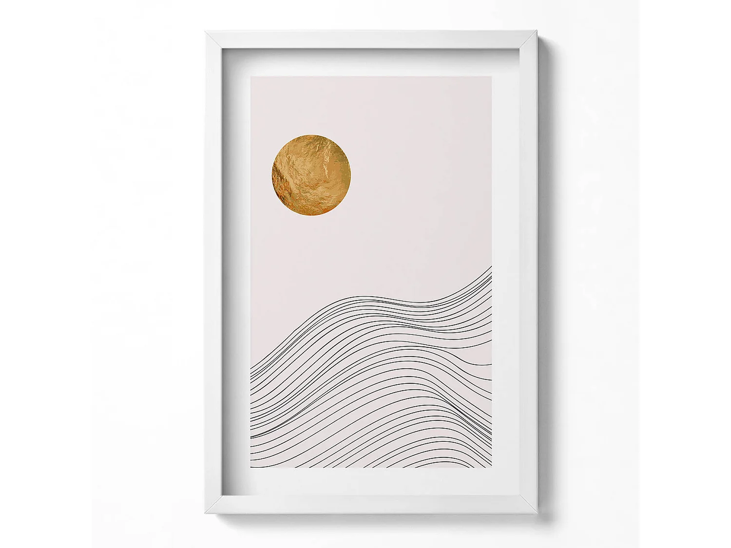 Dekoratives Gemälde mit weißem Rahmen, minimalistische Abstraktion mit goldenen Details 40 x 60 cm – perfekt für das Wohn- oder Schlafzimmer