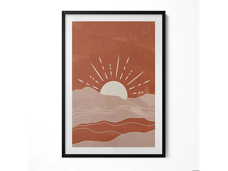 Tableau décoratif avec cadre noir, Illustration du soleil levant 70 x 100 cm– Parfait pour le salon ou la chambre