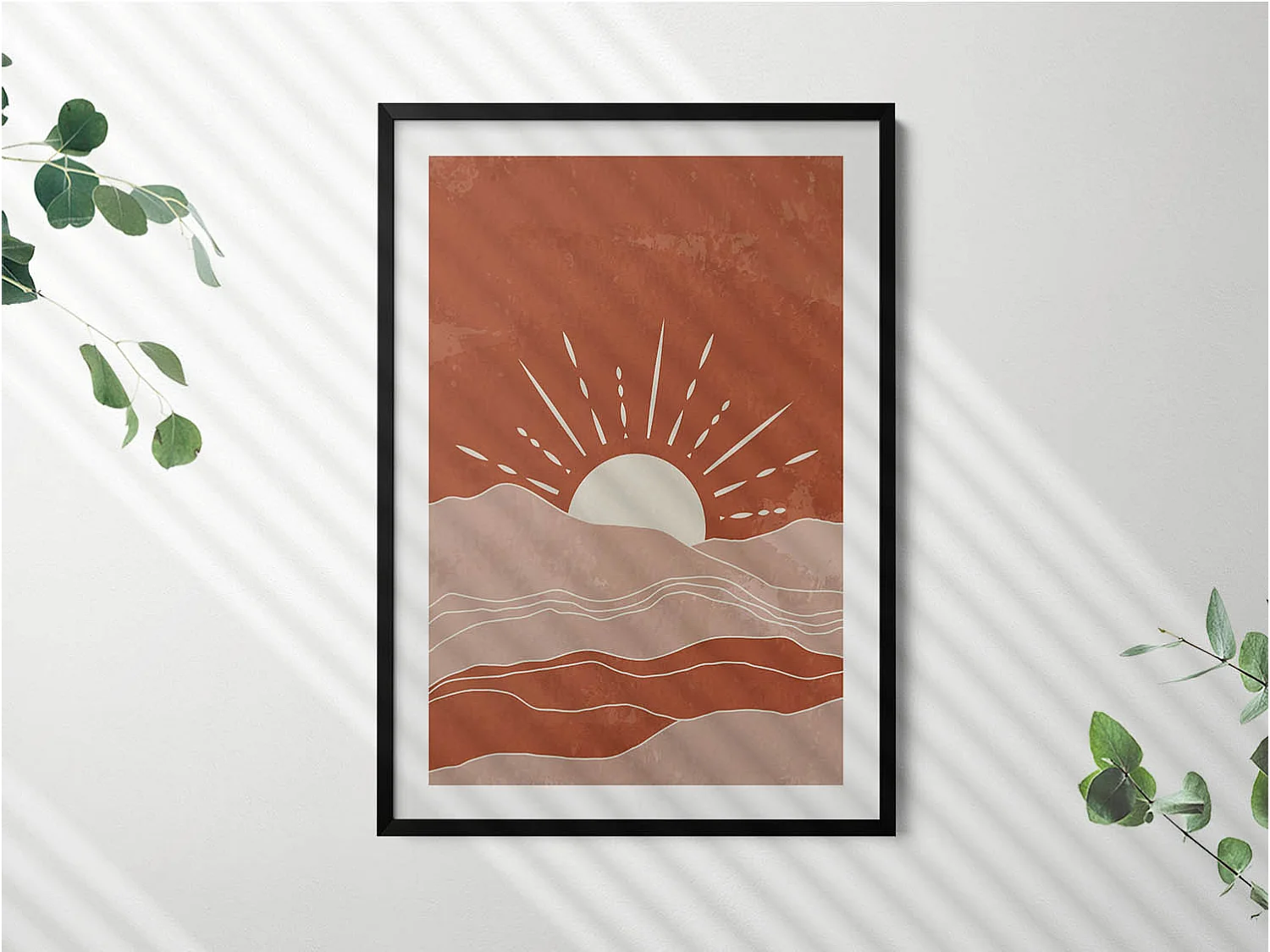 Tableau décoratif avec cadre noir, Illustration du soleil levant 70 x 100 cm– Parfait pour le salon ou la chambre