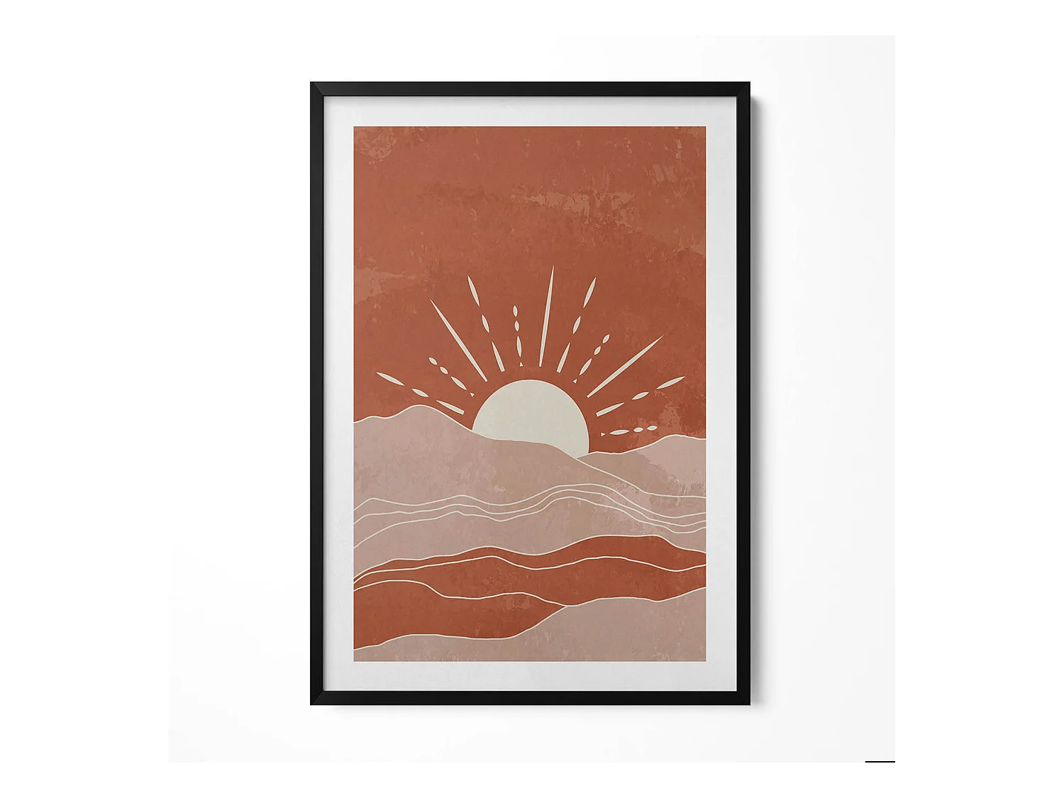 Tableau décoratif avec cadre noir, Illustration du soleil levant 70 x 100 cm– Parfait pour le salon ou la chambre