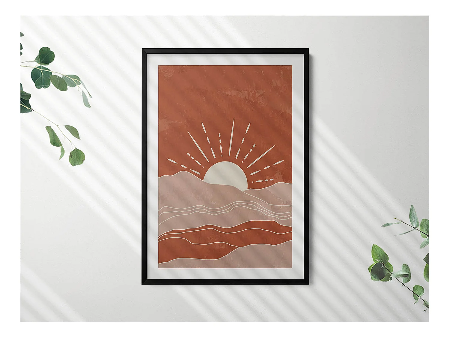 Decoratief schilderij met zwarte lijst, Illustratie van de opkomende zon 70 x 100 cm – Perfect voor de woon- of slaapkamer