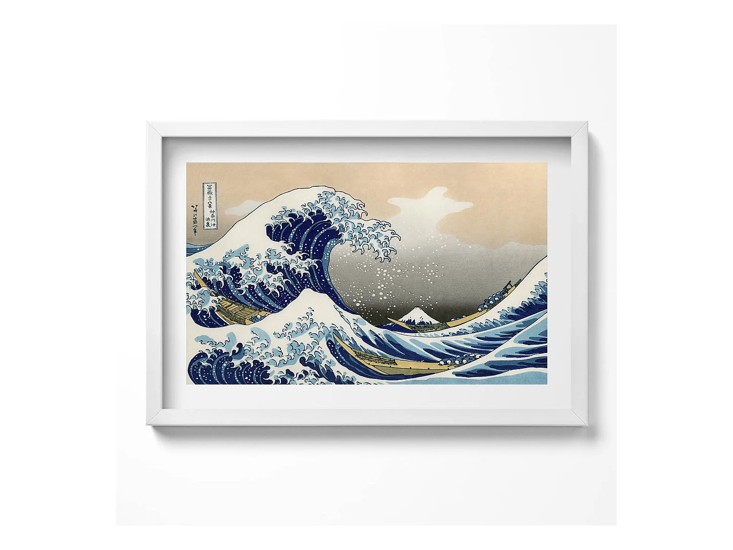 Tableau décoratif avec cadre blanc, Grosse vague à Kanagawa 60 x 40 cm– Parfait pour le salon ou la chambre