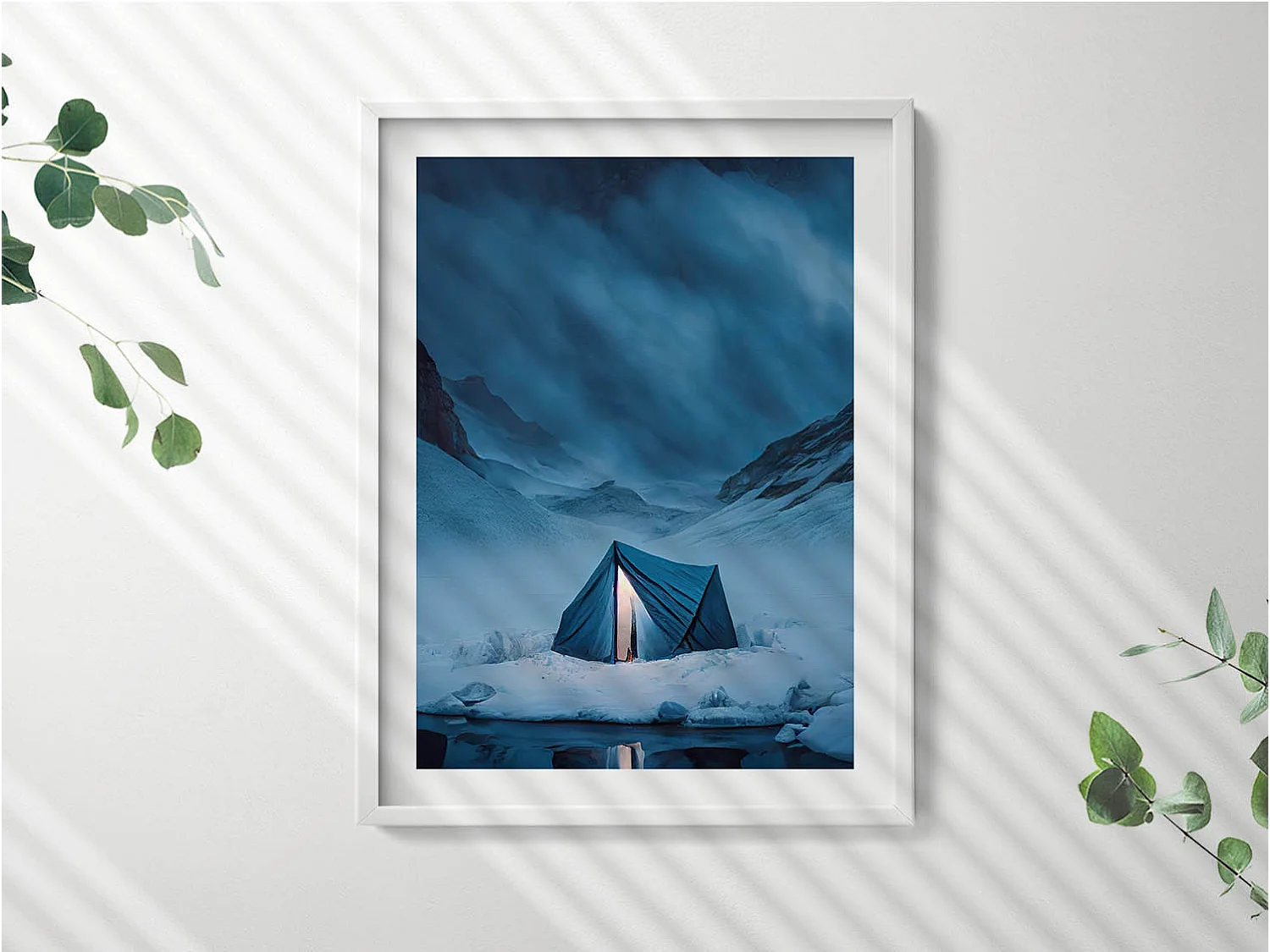 Tableau décoratif avec cadre blanc, Tente dans les montagnes d'Islande 60 x 80 cm– Parfait pour le salon ou la chambre