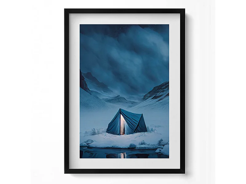 Dekoratives Gemälde mit schwarzem Rahmen, Zelt in den Bergen Islands 50 x 70 cm – Perfekt für das Wohn- oder Schlafzimmer