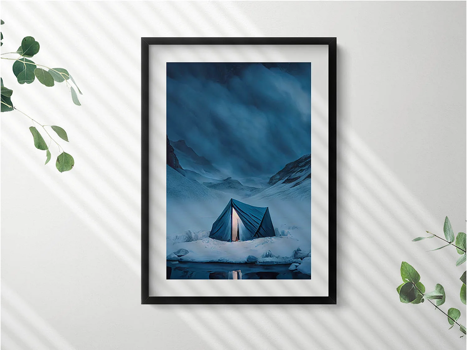 Dekoratives Gemälde mit schwarzem Rahmen, Zelt in den Bergen Islands 50 x 70 cm – Perfekt für das Wohn- oder Schlafzimmer