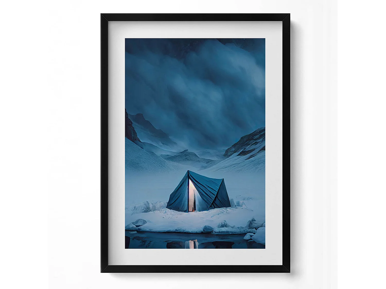 Dekoratives Gemälde mit schwarzem Rahmen, Zelt in den Bergen Islands 50 x 70 cm – Perfekt für das Wohn- oder Schlafzimmer