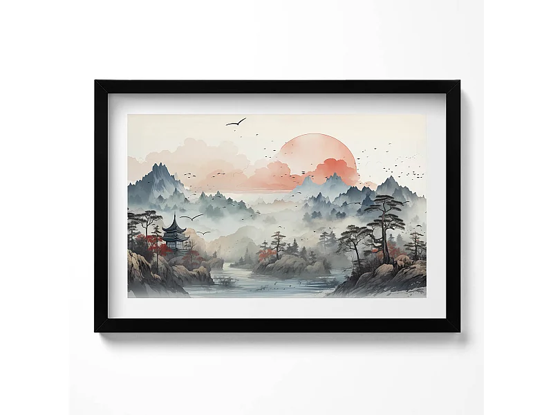 Decoratief schilderij met zwarte lijst, Bergboslandschap 60 x 40 cm – Perfect voor de woon- of slaapkamer