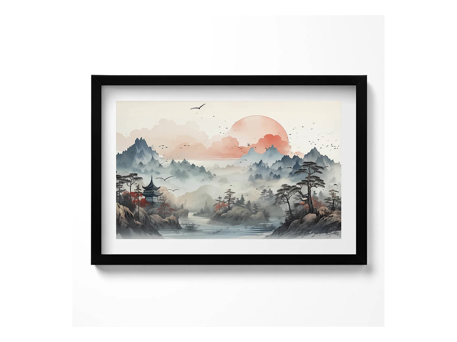 Tableau décoratif avec cadre noir, Paysage forestier de montagne 60 x 40 cm– Parfait pour le salon ou la chambre