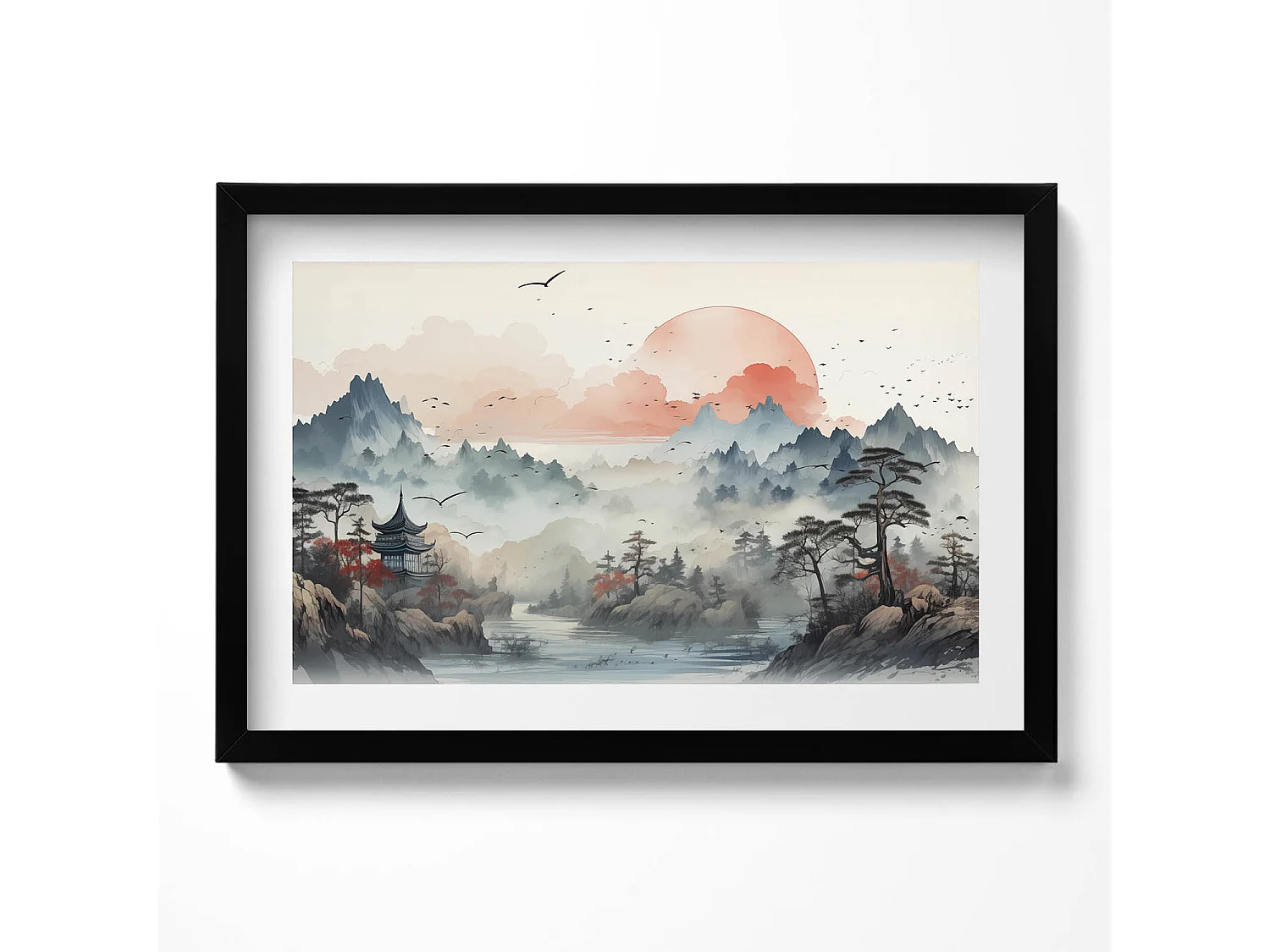 Tableau décoratif avec cadre noir, Paysage forestier de montagne 60 x 40 cm– Parfait pour le salon ou la chambre