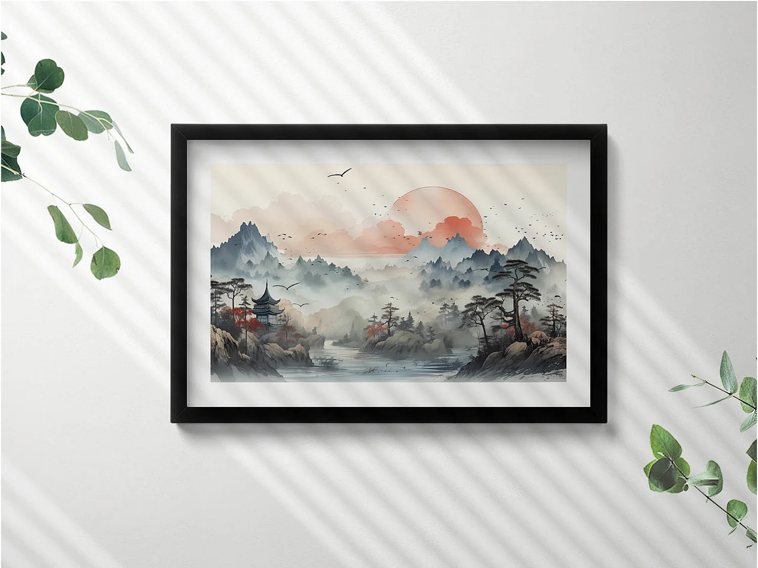 Tableau décoratif avec cadre noir, Paysage forestier de montagne 60 x 40 cm– Parfait pour le salon ou la chambre