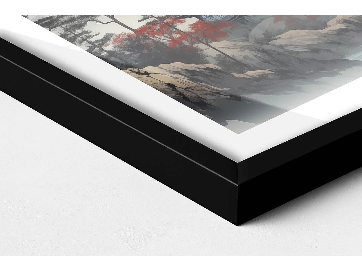 Tableau décoratif avec cadre noir, Paysage forestier de montagne 60 x 40 cm– Parfait pour le salon ou la chambre